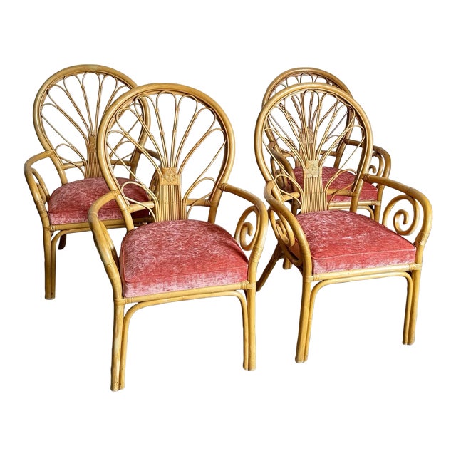 Boho Chic Wicker Rattan Balloon Back Swirl Arm Chairs - Set of 4 For Sale