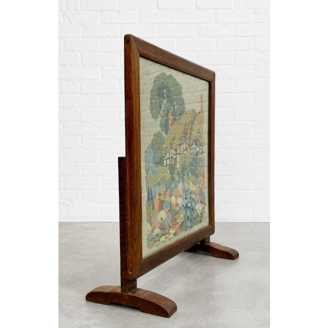 Wood Antique Needlepoint Fires Screen With Cottage Garden Scene, Wood Framed Hearth Screen, C. 1920s–1940s For Sale - Image 7 of 11