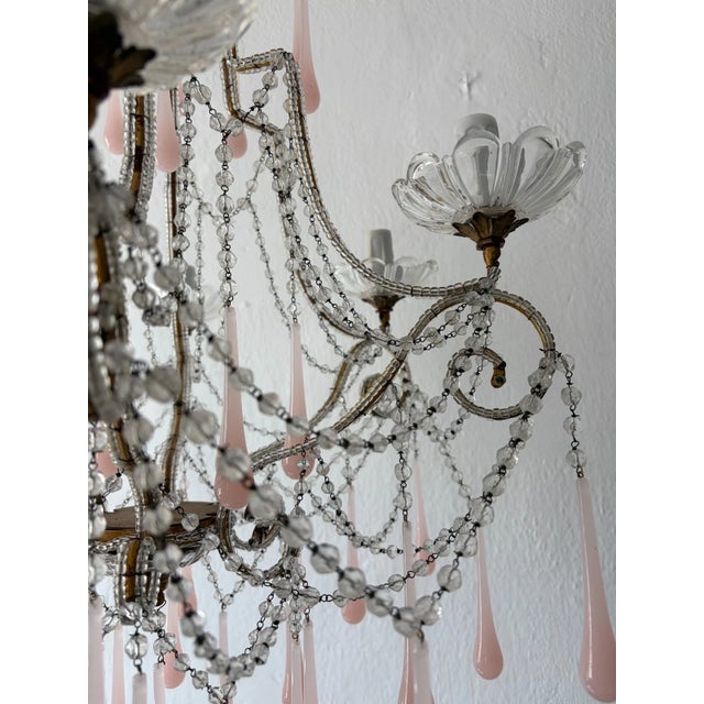 French Pink Opaline Murano Drops Rock Crystal Swags Chandelier, Circa 1920French Pink Opaline Murano Drops Rock Crystal Swags Chandelier, Circa 1920 For Sale - Image 6 of 13