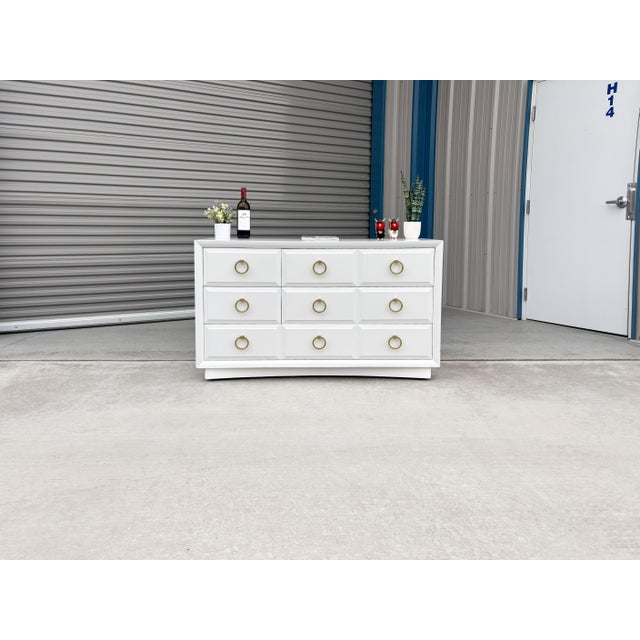 Mid-Century Modern 1960s Mid-Century White and Brass Nine-Drawer Dresser by t.h. Robsjohn-Gibbings for Widdicomb For Sale - Image 3 of 11
