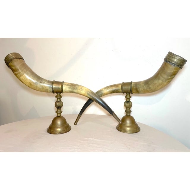 Victorian Huge Pair of Antique Bronze Mounted Read Horn Cornucopia Decor Statues Garniture For Sale - Image 3 of 16