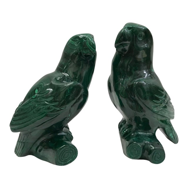 Carved Solid Malachite Stones of Parrot - A Pair For Sale