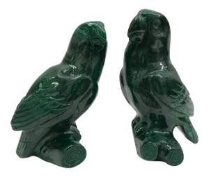 Carved Solid Malachite Stones of Parrot - A Pair