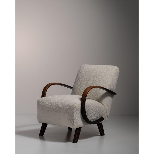 Mid 20th Century 20th Century Czech Republic Warm Ivory Boucle Bentwood-Arm Lounge Chair For Sale - Image 5 of 11