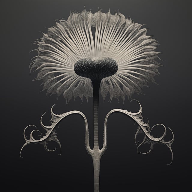 A striking black-and-white botanical print featuring Cotula Turbinata, meticulously restored and remastered from an...