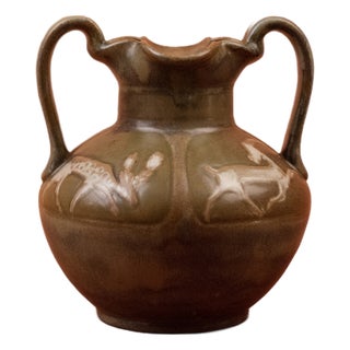 Art Nouveau Glazed Stoneware Vase with Handles and Stylized Deer in Reserve by Louis Lourioux, Foëcy, France 1910s For Sale