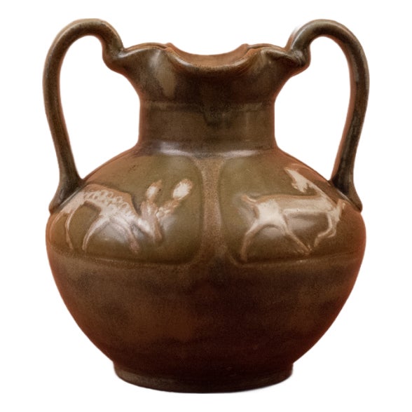 Art Nouveau Glazed Stoneware Vase with Handles and Stylized Deer in Reserve by Louis Lourioux, Foëcy, France 1910s For Sale