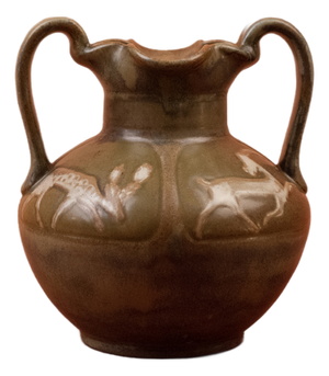 Art Nouveau Glazed Stoneware Vase with Handles and Stylized Deer in Reserve by Louis Lourioux, Foëcy, France 1910s