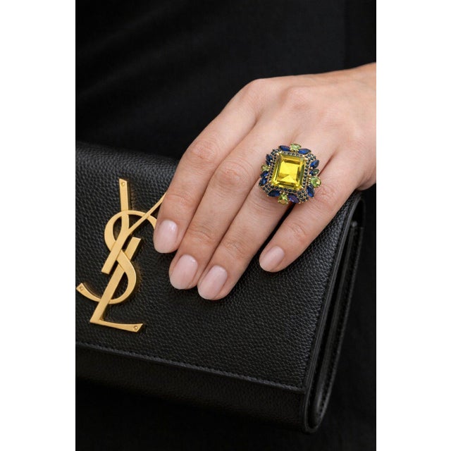 Yellow Bochic “Capri” Vintage Sapphire, Peridot & Lemon Quartz Ring — 18K Gold & Silve For Sale - Image 8 of 11