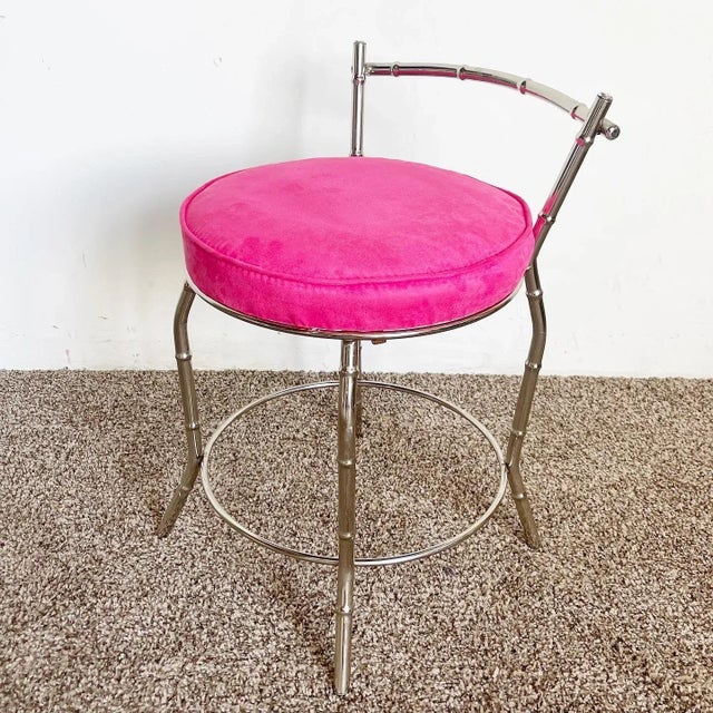 Regency Faux Bamboo Chrome and Pink Low Stool For Sale - Image 11 of 11