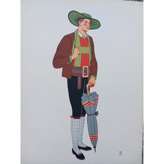 Art Deco Vintage Austrian Male Folk Costumes Chromolithographs Porchoir Prints Collectible 1939 - Set of 3 For Sale - Image 3 of 7
