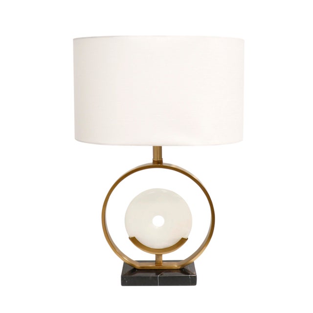Modern Pasargad Home Sphere Collection White Circular Piece of Marble and Metal Modern Table Lamp with White Shade For Sale - Image 3 of 8