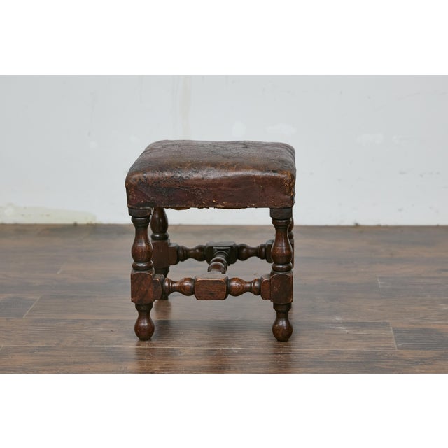 19th Century English Oak Footstool with Leather Seat and Turned Legs For Sale - Image 4 of 9