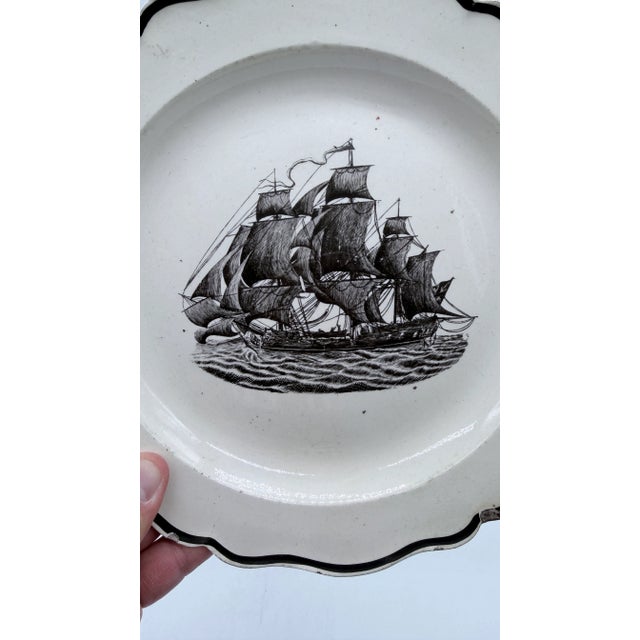 A Very Nice Antique English Liverpool Creamware Plate With Black Transfer Ship, Circa 1780's For Sale - Image 13 of 14