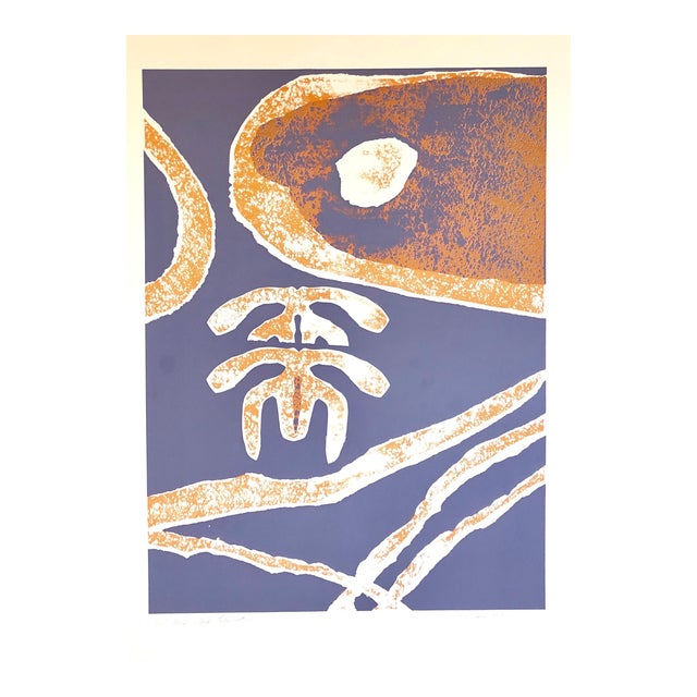Viola Burley Leak, Motif, Orange Blue, African American Artist Viola Leak Woodcut Silkscreen Print, 1982 For Sale