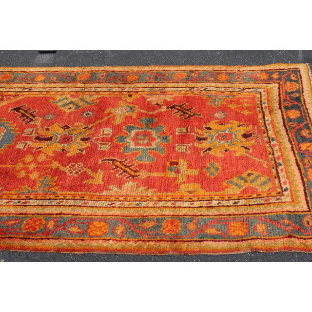 Red and Light Blue Wide Antique Turkish Oushak Gallery Runner For Sale In Atlanta - Image 6 of 18