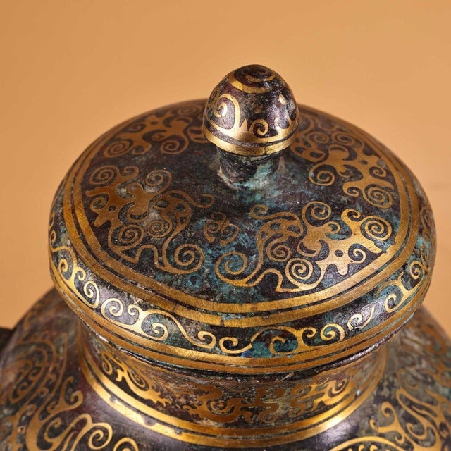 Bronze Lidded Jar With Gold Inlay - Archaic Style Vessel For Sale - Image 4 of 10