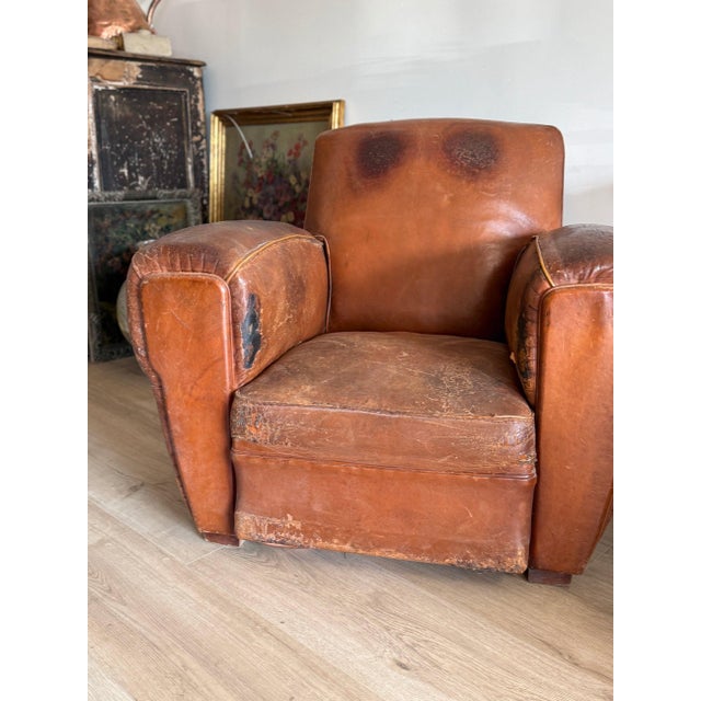 Pair of Two Vintage Oversized French Leather Club Chairs For Sale - Image 9 of 18