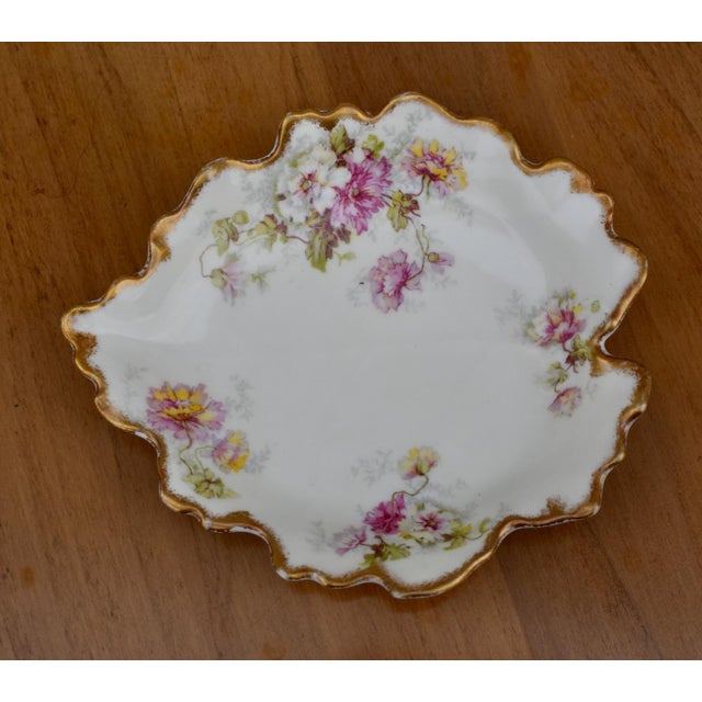 Antique Limoges Trinket Dish Elite Works France Porcelain Floral Leaf Shape Gilt For Sale - Image 10 of 15