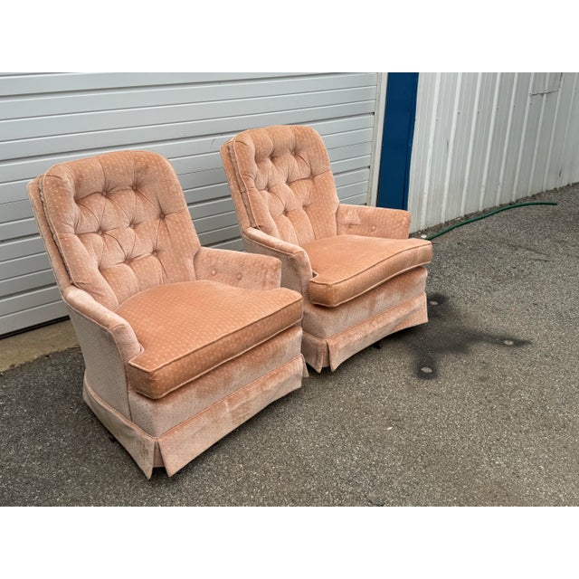 Pair of Mid-Century Modern Regency Velvet Tufted Back Swivel Club Chairs For Sale - Image 9 of 12
