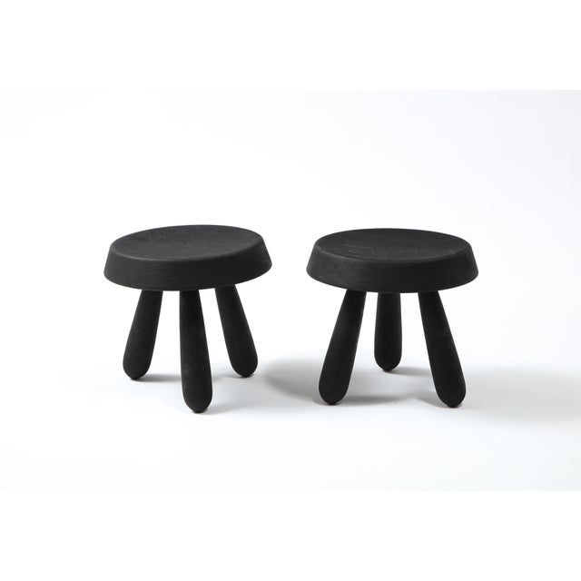 Petite Pair of Burnt Oak Tripod Stools by Douglas Mont for Facto Atelier Paris For Sale - Image 11 of 11