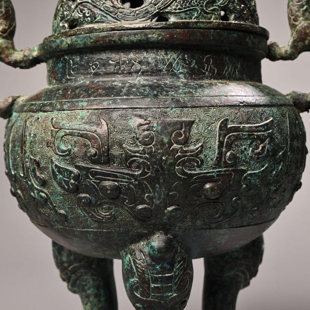 Late 19th Century Bronze Tripod Censer With Deer Finial, 2400g, Archaic Motifs For Sale - Image 10 of 10