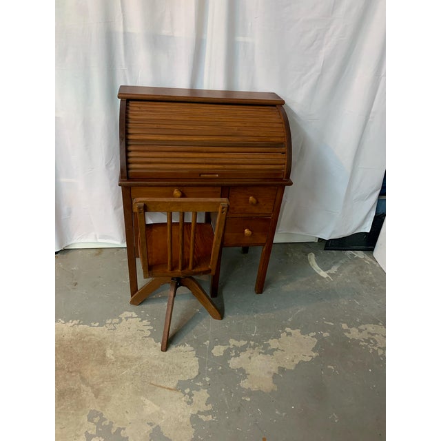 1940s Early Mid Century Child's Roll Top Desk & Swivel Chair - 2 Pieces For Sale - Image 13 of 13