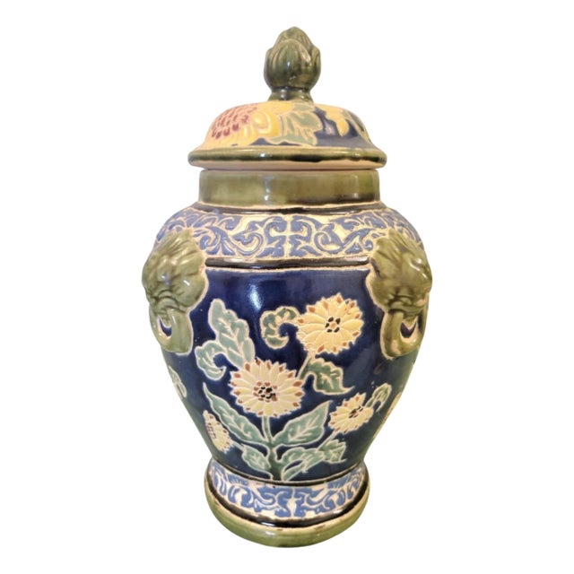 Vintage Navy Blue and White, Green Clay Fired Foo Dog Italian Floral Ginger Jar Decor For Sale
