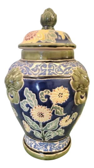 Vintage Navy Blue and White, Green Clay Fired Foo Dog Italian Floral Ginger Jar Decor