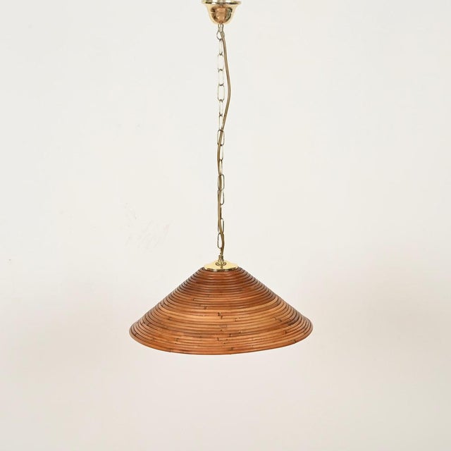 Wood Mid-Century Modern Italian Pendant Light in Rattan and Brass, 1960s For Sale - Image 7 of 13