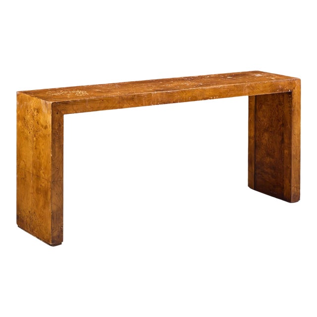 Milo Baughman Style Mid Century Burlwood Console Table For Sale