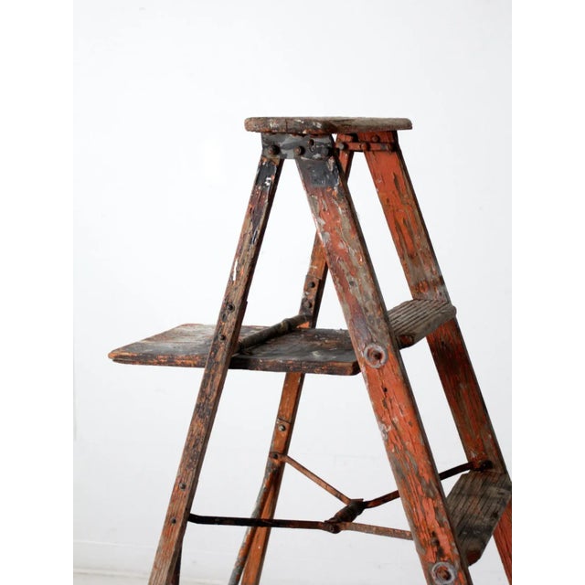 Farmhouse Vintage Rustic Painted Wooden Ladder For Sale - Image 3 of 12
