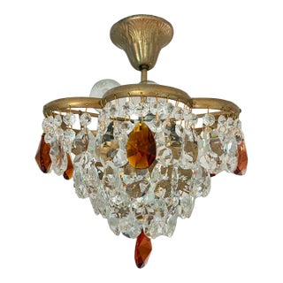 Vintage Flush Mount Crystal Chandelier – Flower Frame With Amber & Clear Crystals For Sale