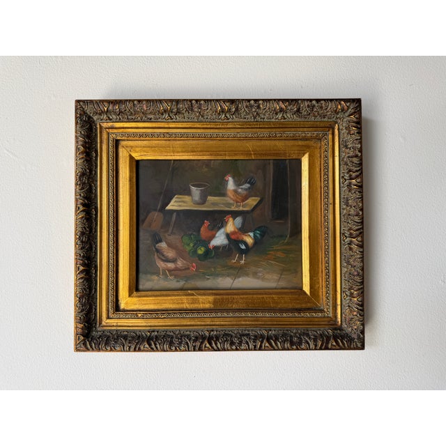 Vintage Rustic Chickens & Rooster Still Life Oil Painting on Plywood – Framed For Sale - Image 4 of 7