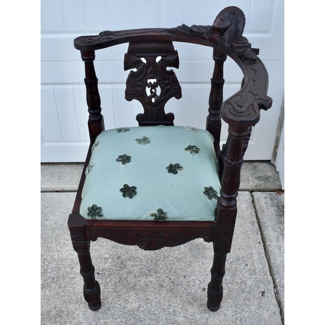 Carved Mahogany Corner Chair Vintage Renaissance Style Figural Face Upholstered For Sale - Image 14 of 17