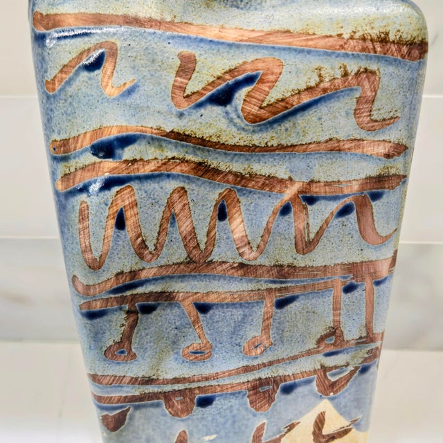 Alfajar Ceramica Spanish Hand Painted Modernist Face Sgraffito Stoneware Vase For Sale - Image 9 of 14