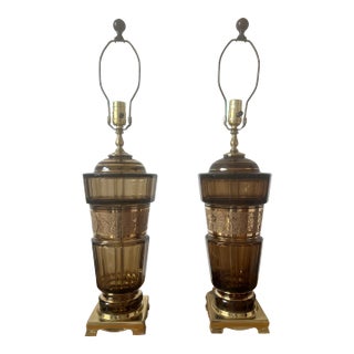 A Pair of Mid 20th Century Art Deco Amber Bohemian Glass Lamps For Sale