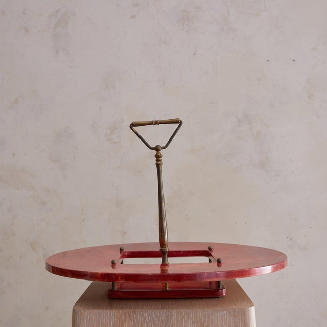 Mid-Century Modern Italian Crimson Goatskin Tray with Brass Handle Attributed to Aldo Tura, 1960s For Sale - Image 3 of 9