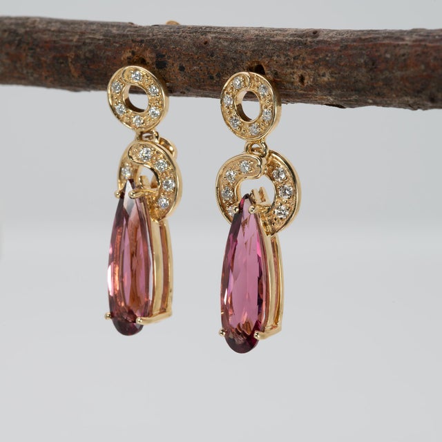 3.7Ct Rubellite Tourmaline Earrings With Natural Diamond Accents: Solid 14k Gold, A Pair For Sale - Image 4 of 7