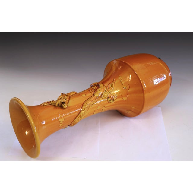 Vintage Awaji Pottery Dragon Vase Japanese Arts Crafts Yellow Monochrome 18" For Sale - Image 4 of 9