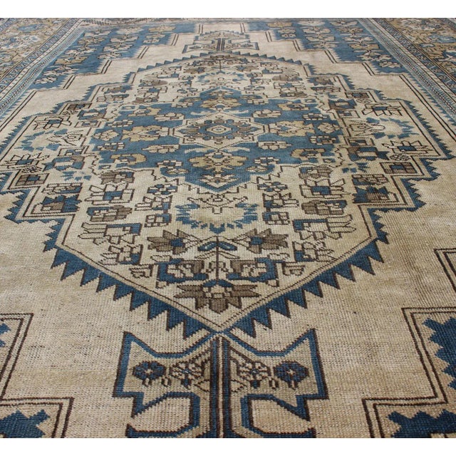 Mid 20th Century Vintage Turkish Rug With Geometric Design in Blue, Gold and Cream Colors For Sale - Image 5 of 9