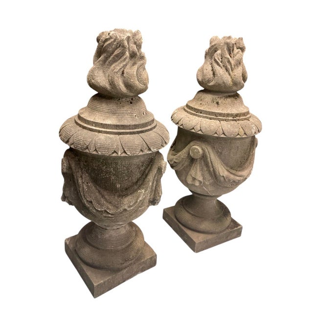 This striking pair of vintage Italian finials showcases the enduring beauty of hand-carved granite. Crafted with a...