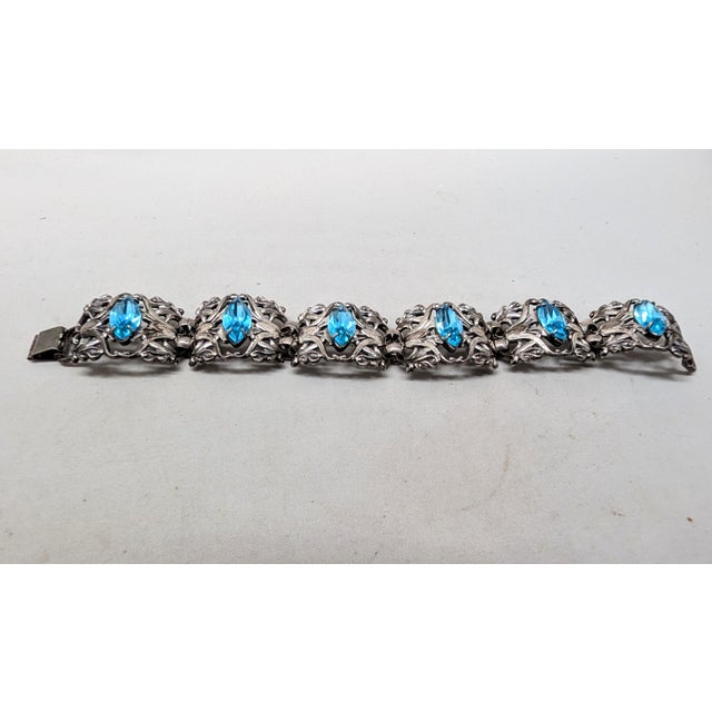 Blue Vintage Signed Napier Book Piece Silvertone & Faux-Aquamarine Link Bracelet For Sale - Image 8 of 9