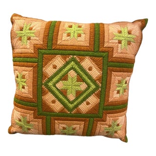 Vintage Op Art Stitching Pink, Green, and Umber Geometric Pillow For Sale