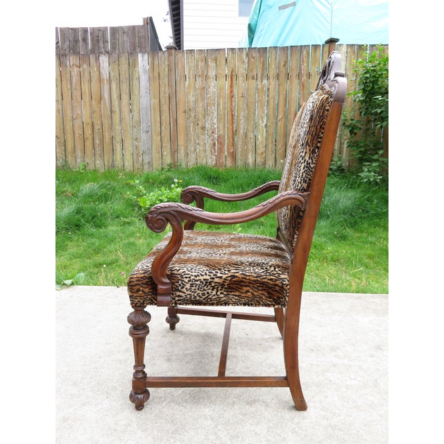 Antique Carved Wood Spanish Revival Arm Throne Chair W/ Leopard Tiger Jungle Cat Velvet Upholstery For Sale - Image 14 of 17