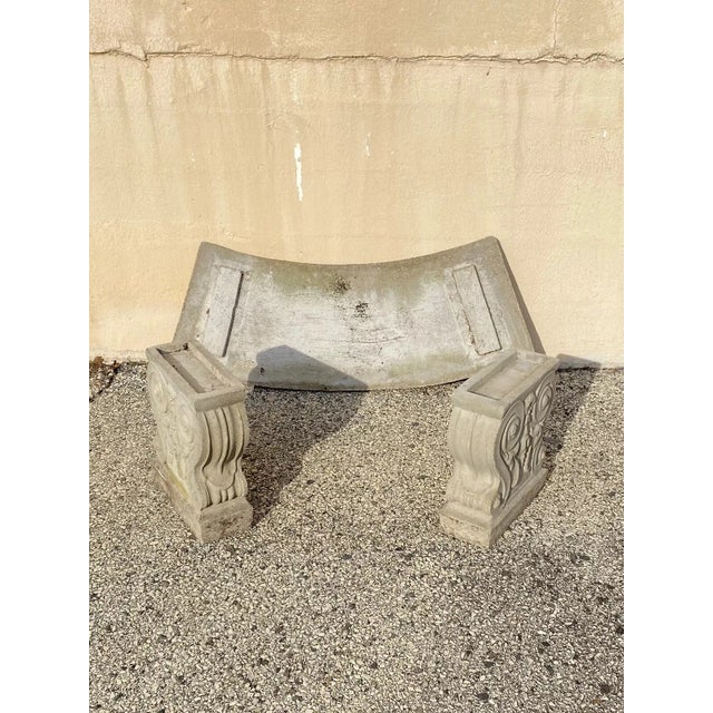 Vintage Classical Style Cast Stone Double Pedestal Curved Garden Bench For Sale - Image 9 of 11