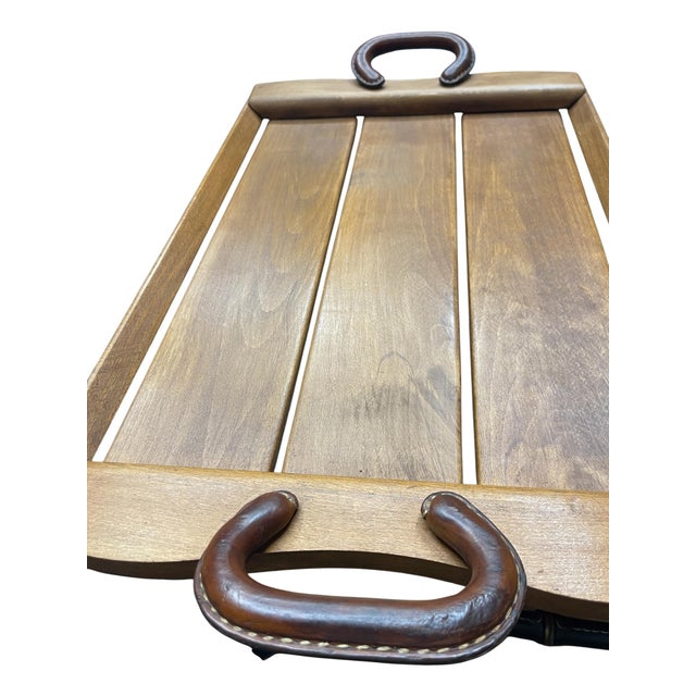 Stitched Leather and Wood Service Tray from Jacques Adnet, 1950s For Sale - Image 6 of 7