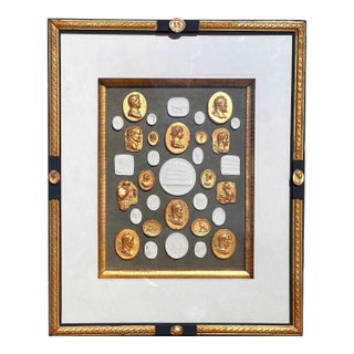 Neoclassical Revival Parcel Gilt and Painted Shadow Box Frame With Grand Tour Gilded & Plaster Intaglio Set For Sale