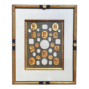 Neoclassical Revival Parcel Gilt and Painted Shadow Box Frame With Grand Tour Gilded & Plaster Intaglio Set
