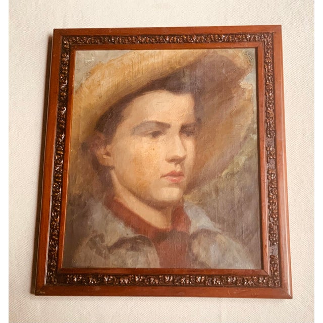 1900 - 1909 Circa 1900 American Oil Portrait, Boy in Straw Hat, Attributed to Edgar Cowan For Sale - Image 5 of 18